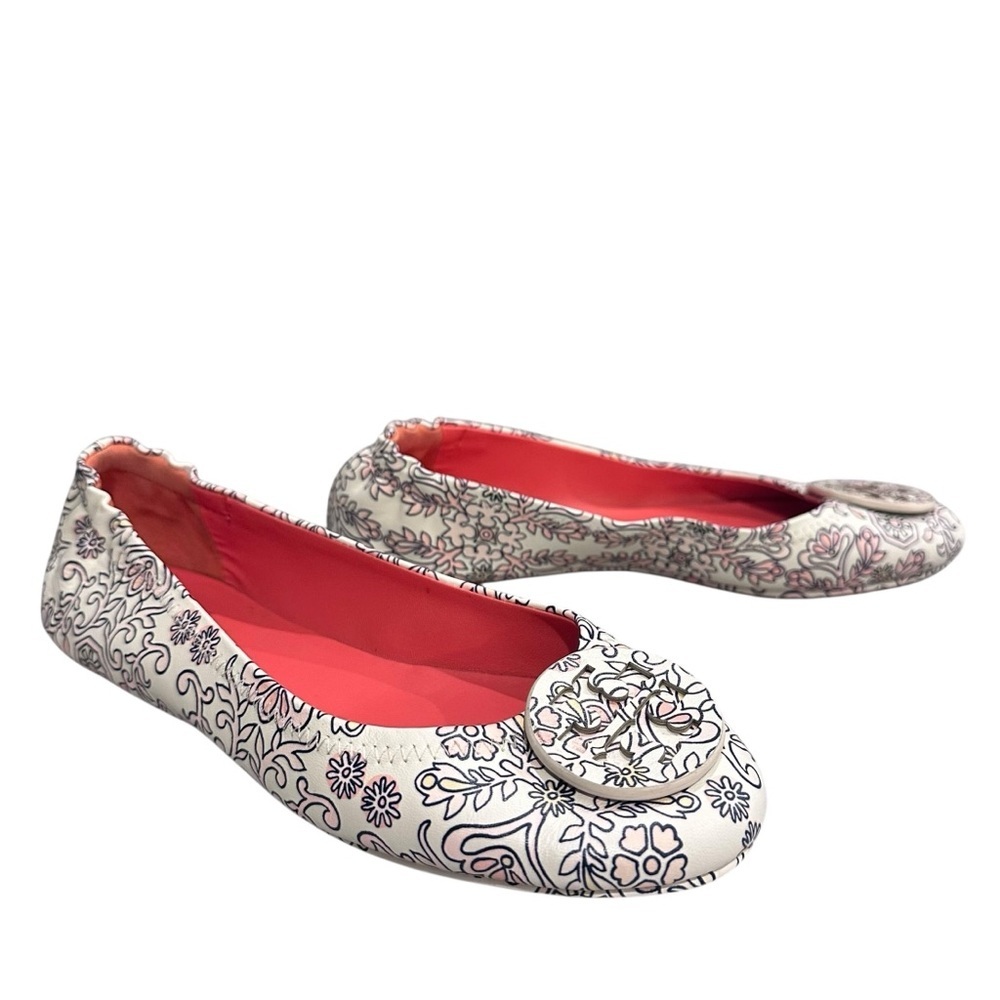 TORY BURCH 'Minnie' Travel Ballet Flat Hicks Garden Leather Logo Size 7